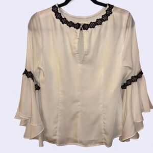 Nanette Lepore Women's White Blouse Black Flower Lace Accents Sz M Elegant Chic